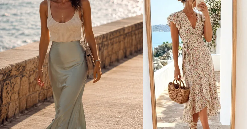 elegant summer outfits, outfit ideas collage for special occasions