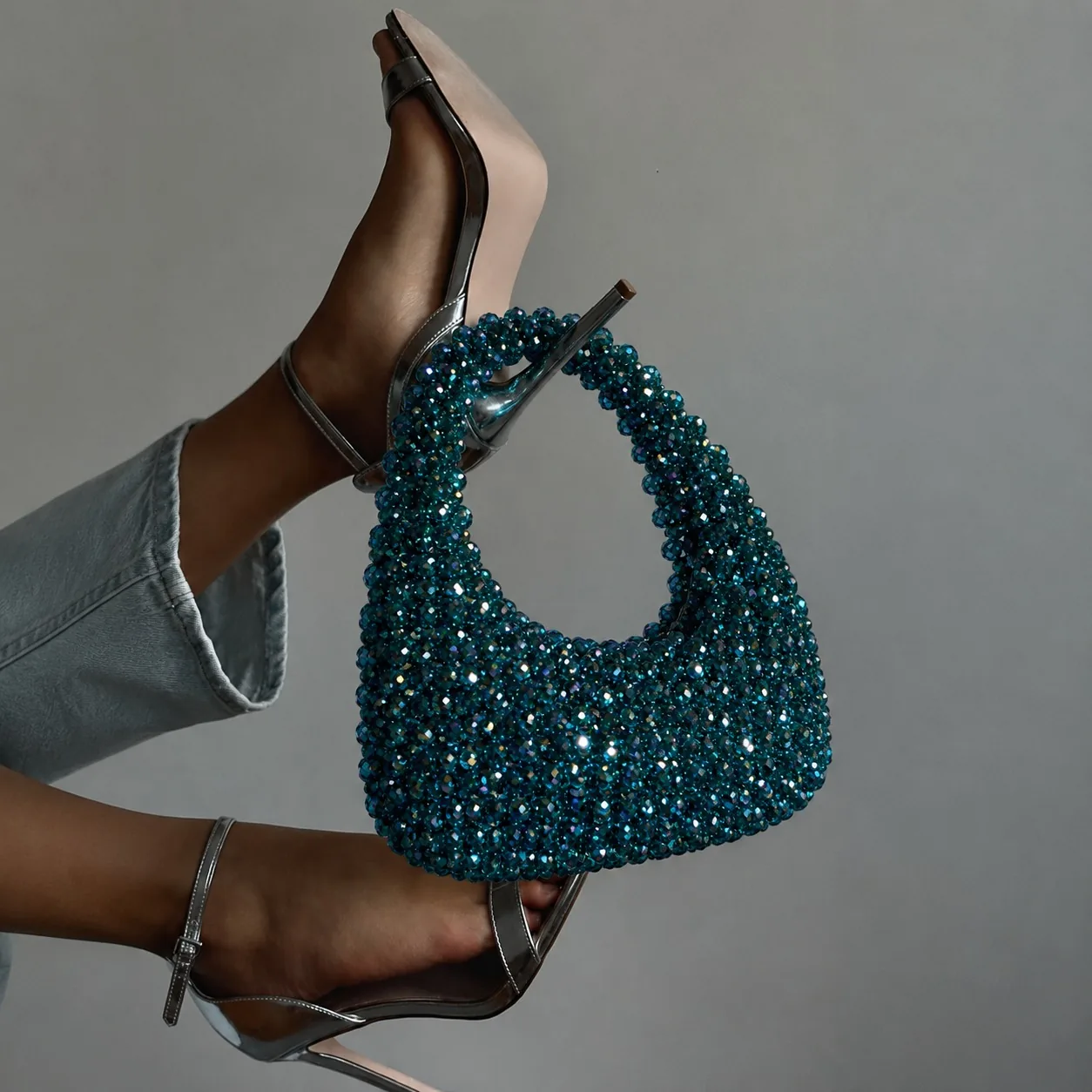 handmade couture handbags - Velora Azurea blue crystal shoulder bag